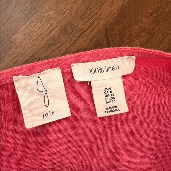 Joie 100% Linen Red Coral Midi Dress V-Neck Sleeveless Smocked Waist Pocket Sz 6 - Picture 10 of 11